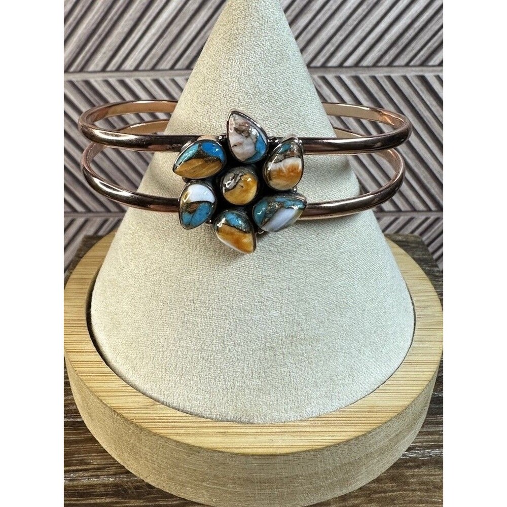 Native Southwest Style Spiny Oyster Pinwheel Flower Copper Cuff Bracelet 6.5”